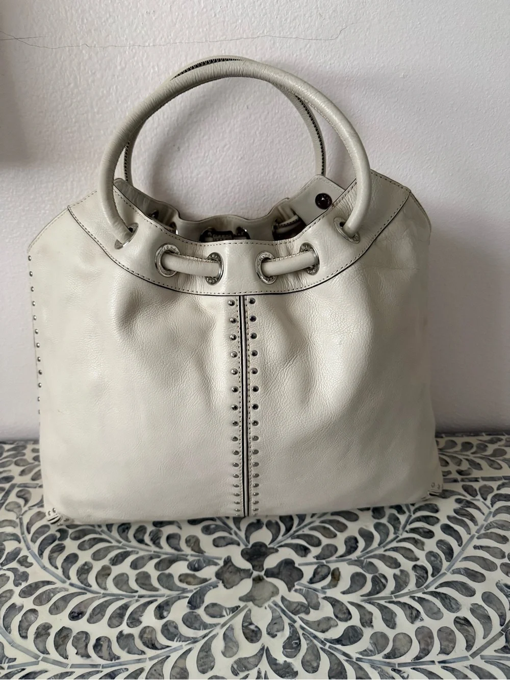 Michael Kors Taupe Leather Stud-Trim Shoulder Tote